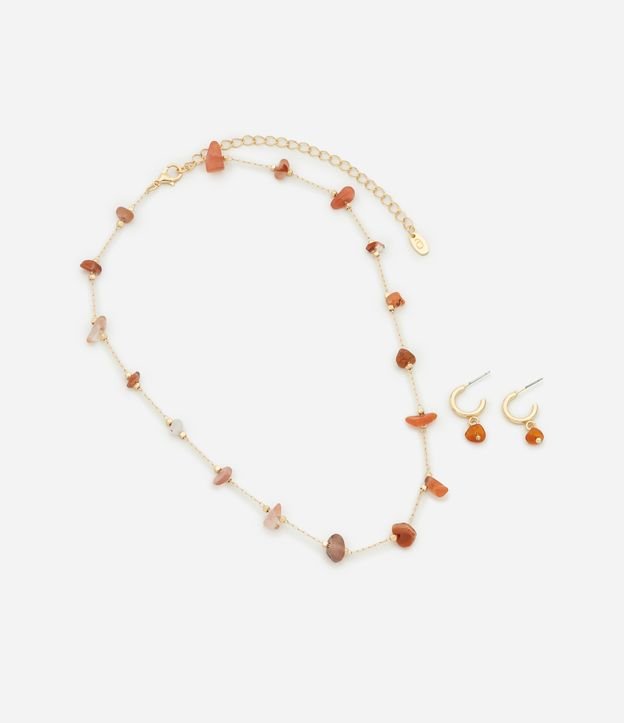 Conjunto de Colar Curto com Cascalhos e Brinco Argola com Pingente
