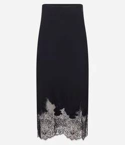 Saia Boho Reta em Crepe com Renda Floral na Barra