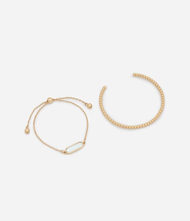 kit 02 Bracelete Rígido Mini Esferas e Bracelete Ajustável Madrepérola