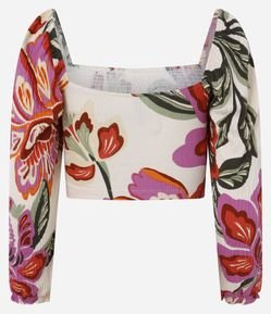 Blusa Cropped Texturizada com Lastex e Estampa Floral