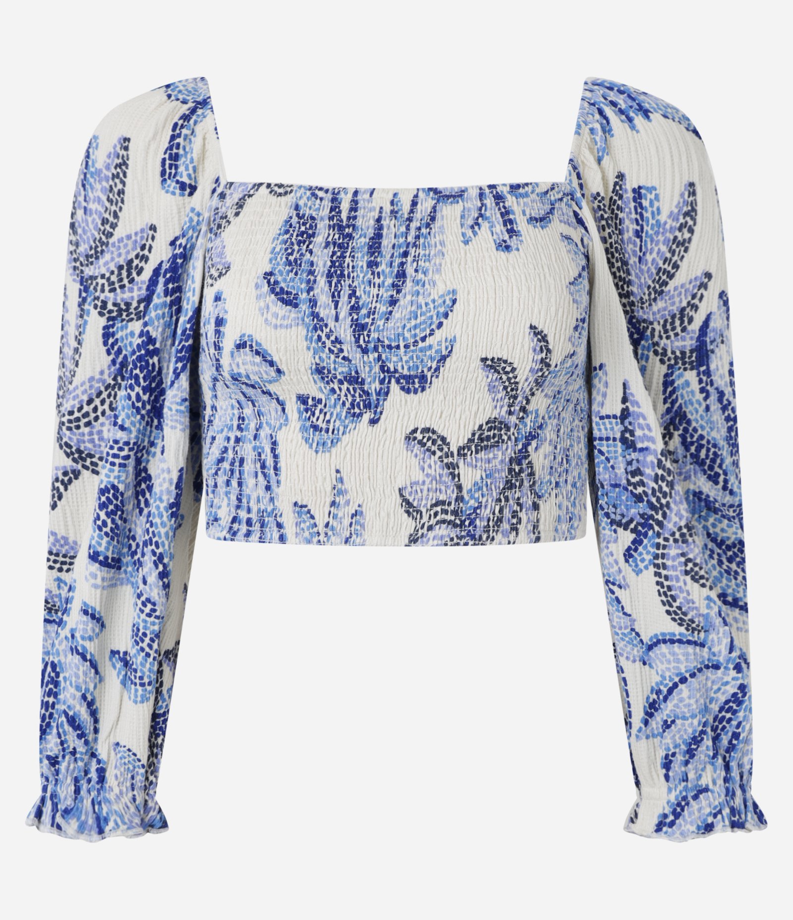 Blusa Cropped Texturizada com Estampa de Folhagens Branco 1