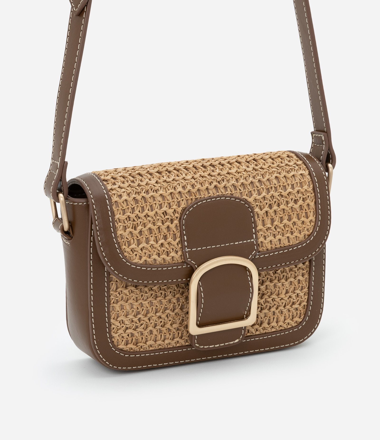 Bolsa Transversal Pequena com Efeito Ráfia Bege/Marrom 2