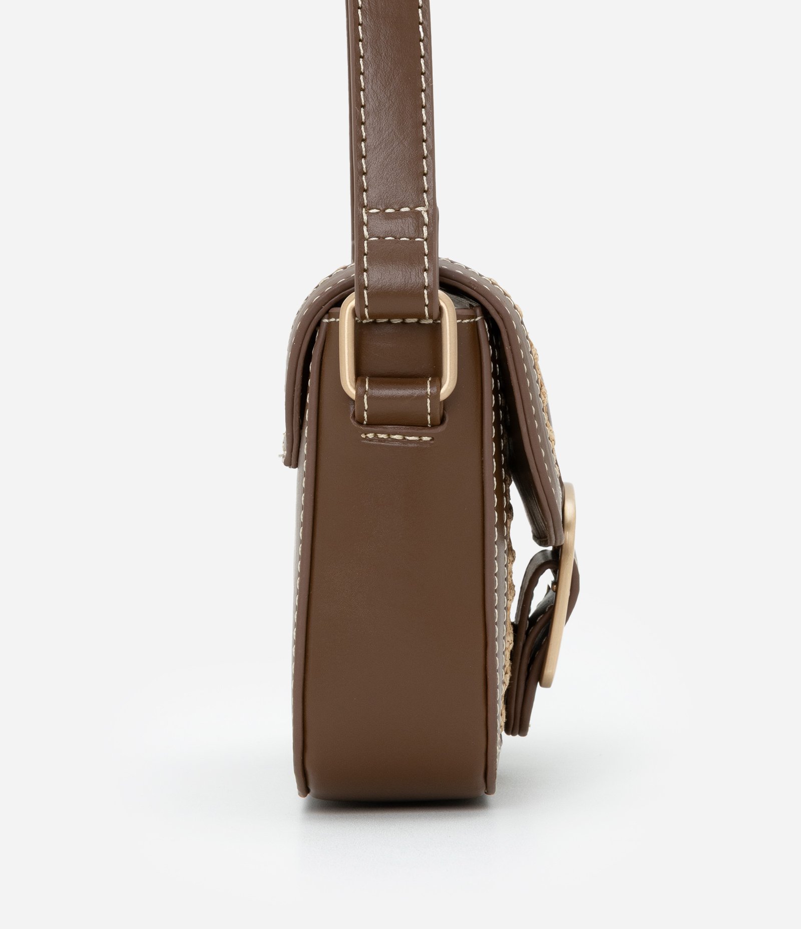 Bolsa Transversal Pequena com Efeito Ráfia Bege/Marrom 3