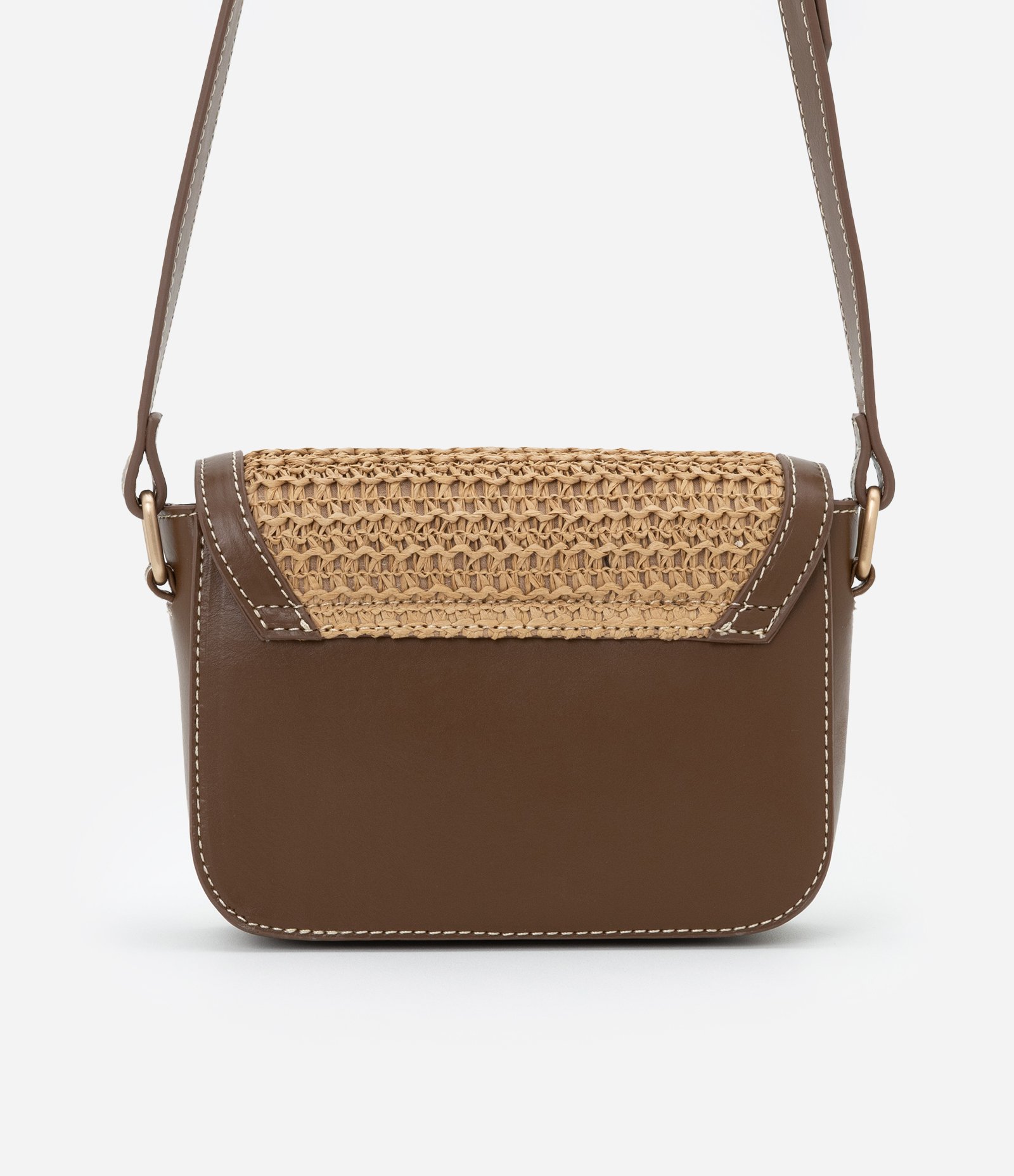 Bolsa Transversal Pequena com Efeito Ráfia Bege/Marrom 4