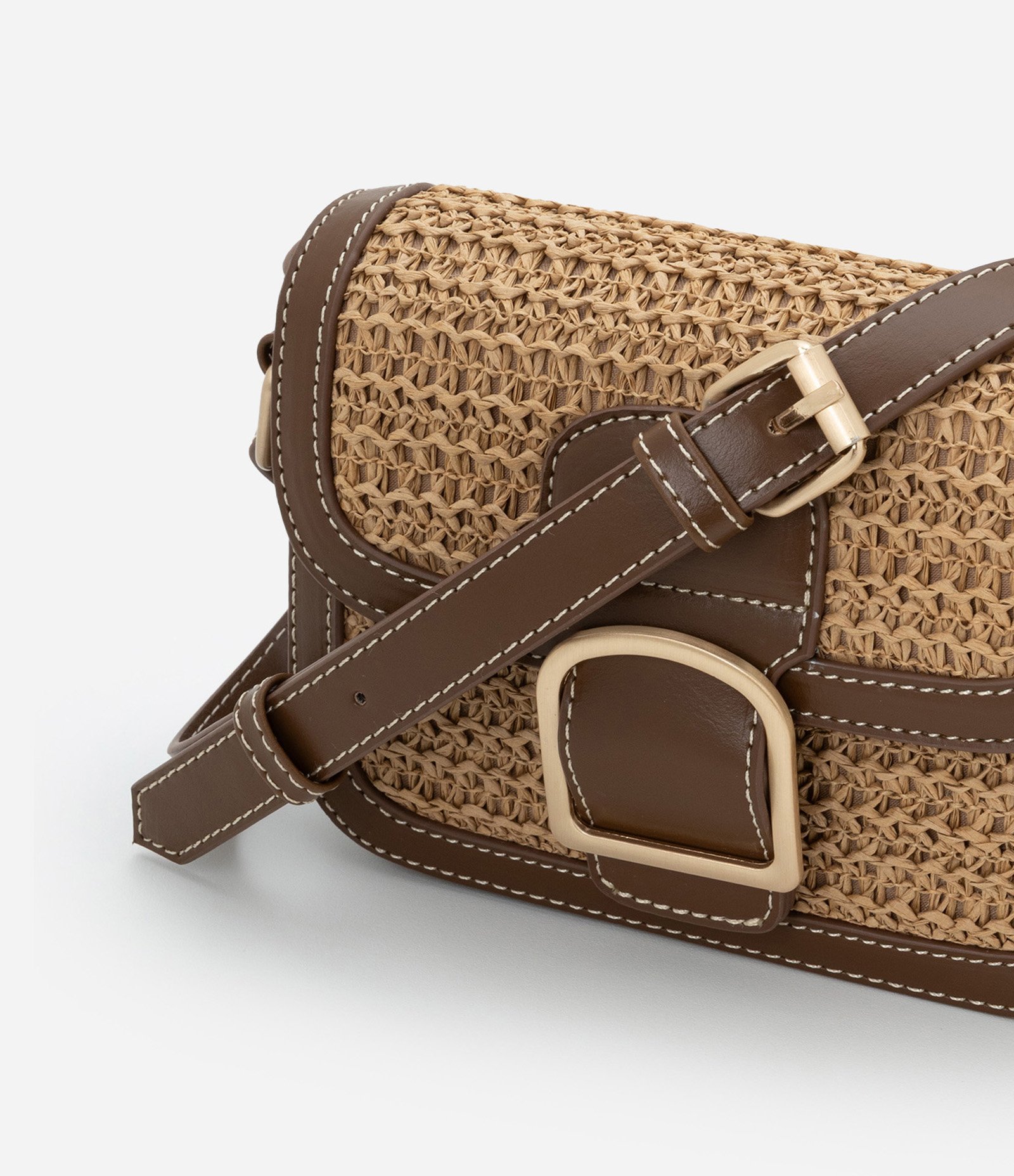 Bolsa Transversal Pequena com Efeito Ráfia Bege/Marrom 6