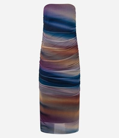Vestido New Midi Boho em Tule com Drapeado Lateral e Estampa Manchadinha Vestido New Midi Boho em Tule com Drapeado Lateral e Estampa Manchadinha