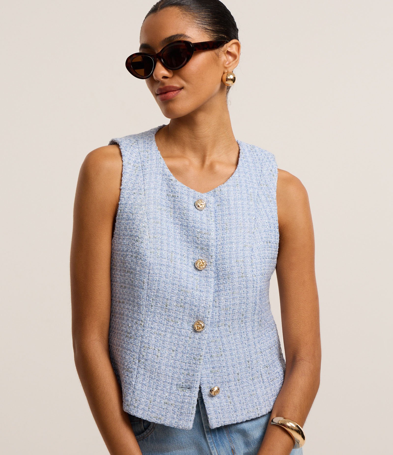 Colete em Tweed com Botões de Efeito Torcido Azul 1