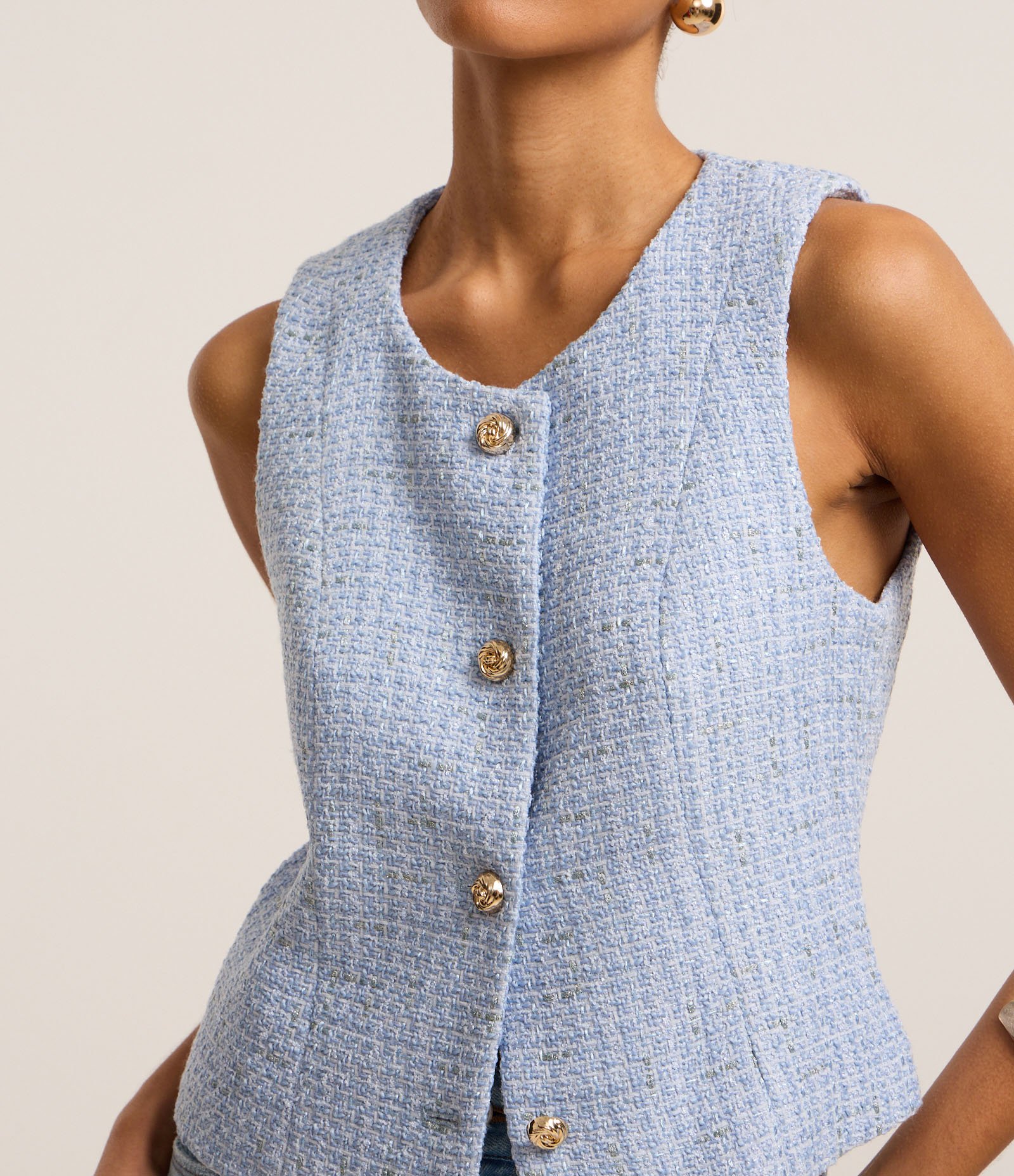 Colete em Tweed com Botões de Efeito Torcido Azul 3