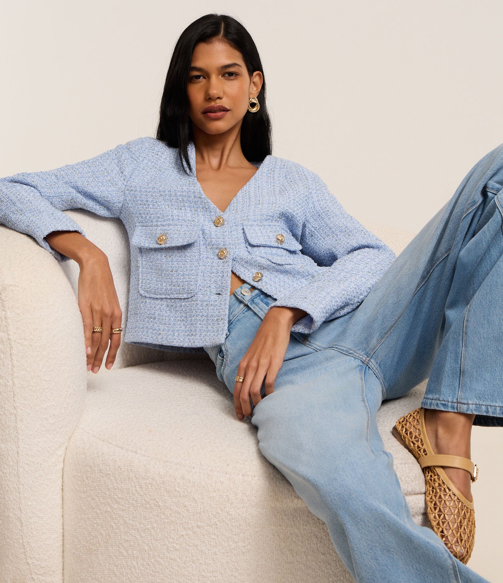 Casaqueto em Tweed com Bolsos com Lapelas Azul 7