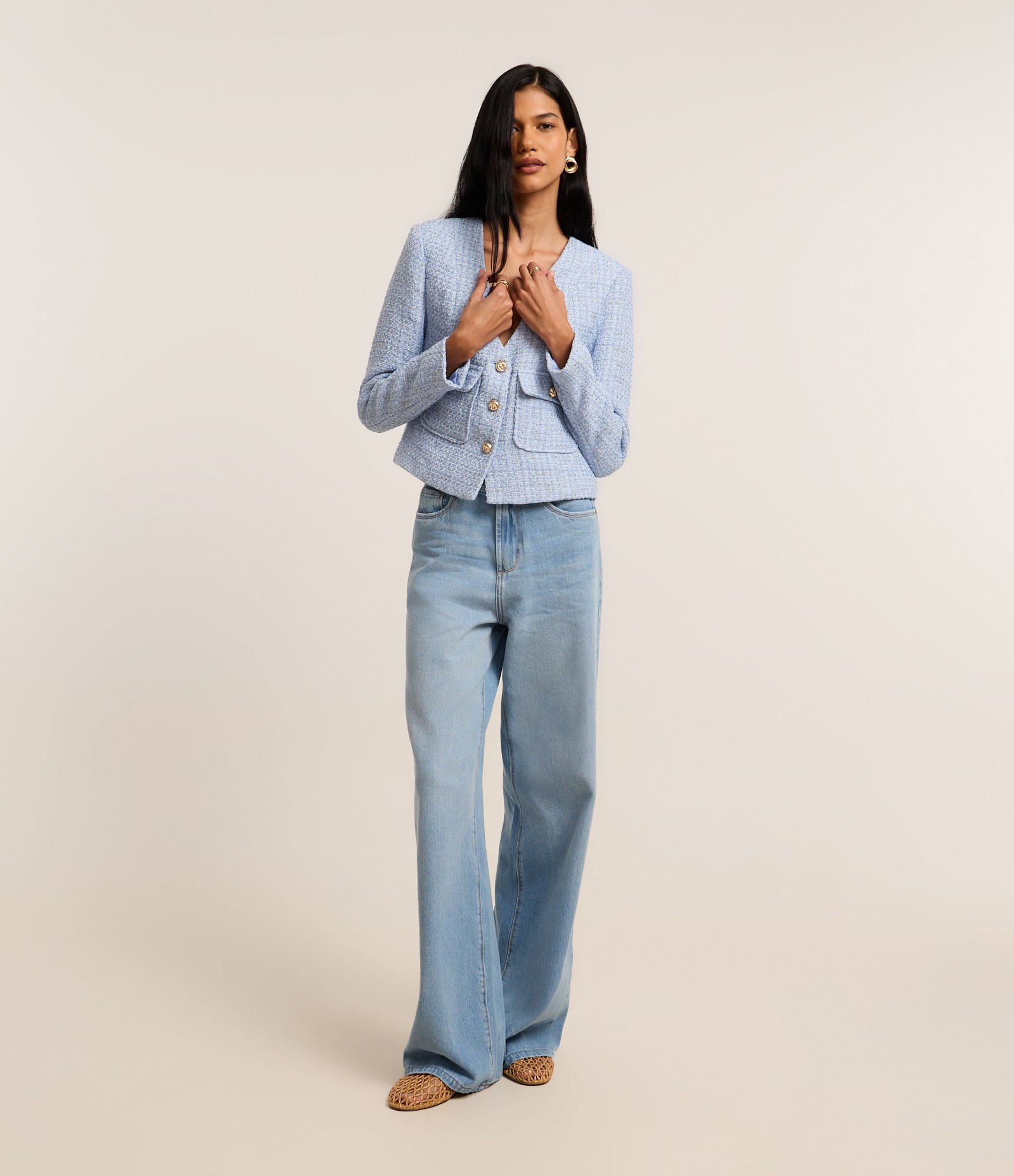 Casaqueto em Tweed com Bolsos com Lapelas Azul 2