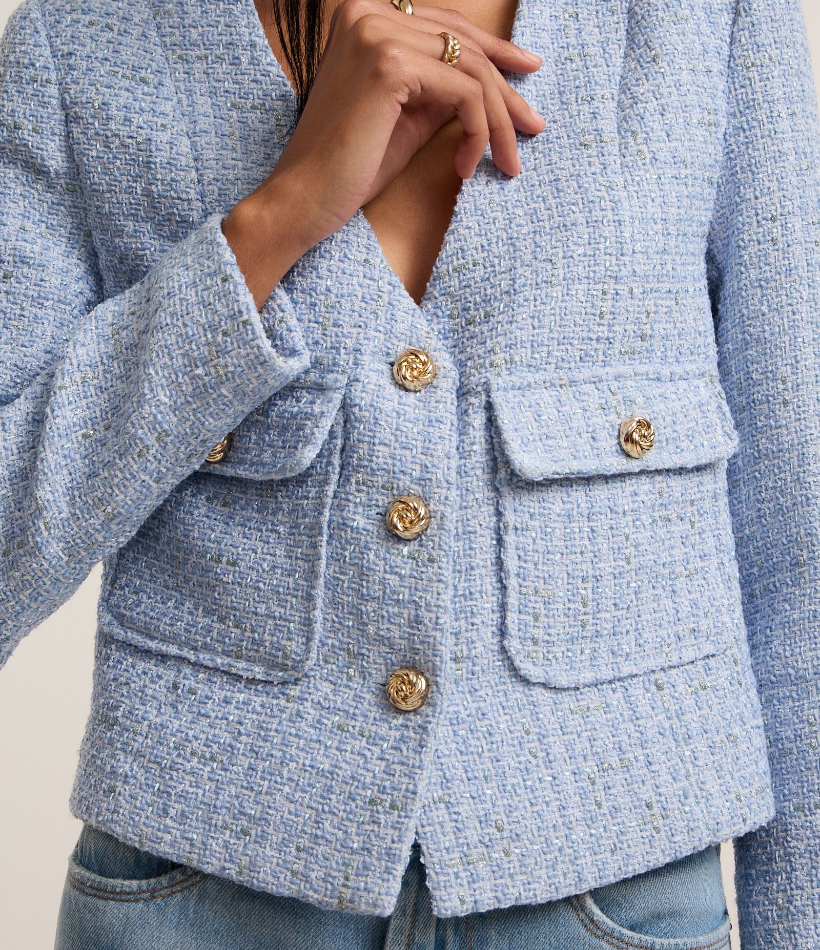 Casaqueto em Tweed com Bolsos com Lapelas Azul 3