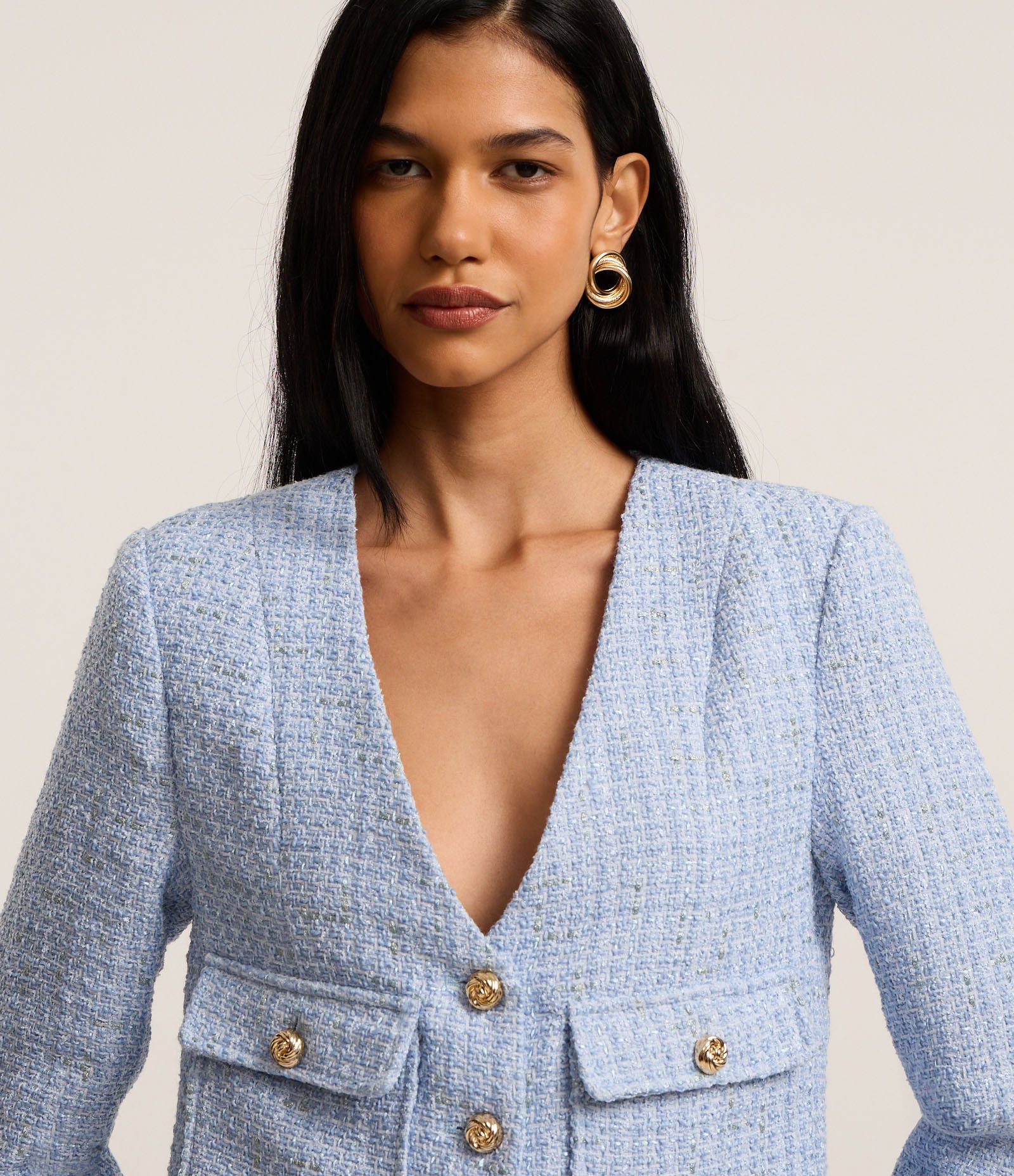 Casaqueto em Tweed com Bolsos com Lapelas Azul 4