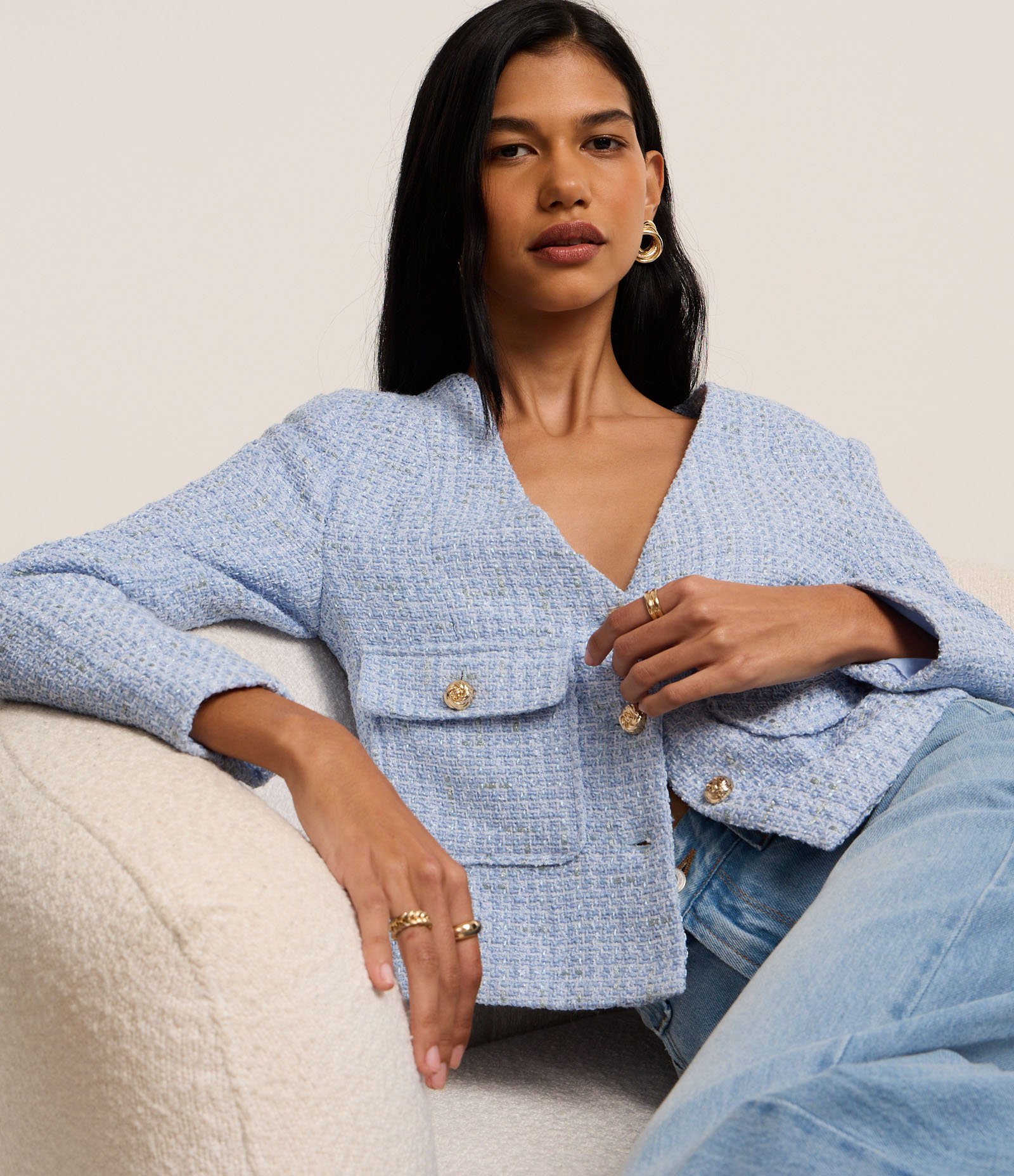 Casaqueto em Tweed com Bolsos com Lapelas Azul 6