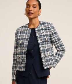 Jaqueta em Tweed Xadrez com Botões nos Bolsos