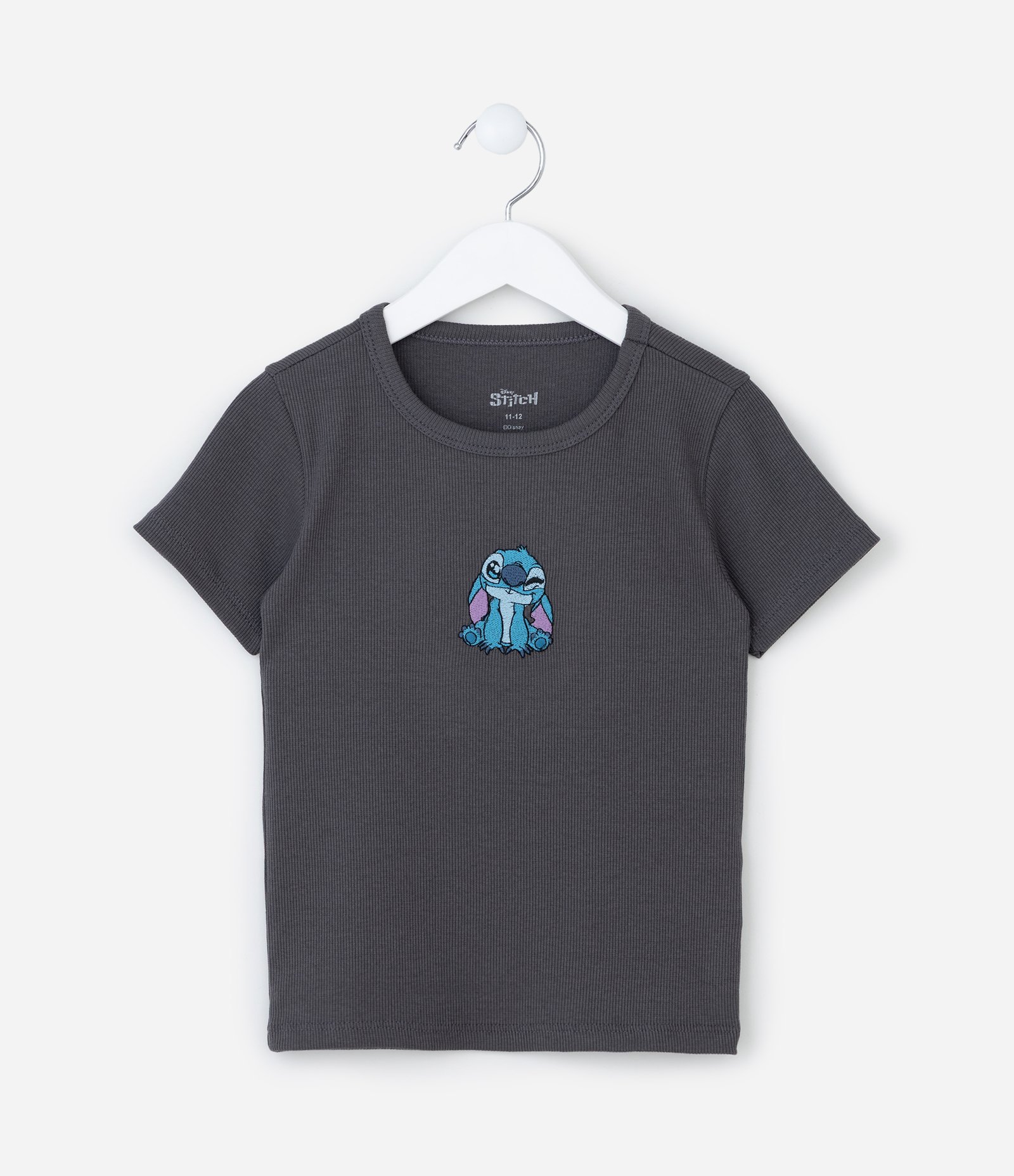 Camiseta Infantil Canelada com Bordado Stitch - Tam 5 a 14 Anos Cinza 1