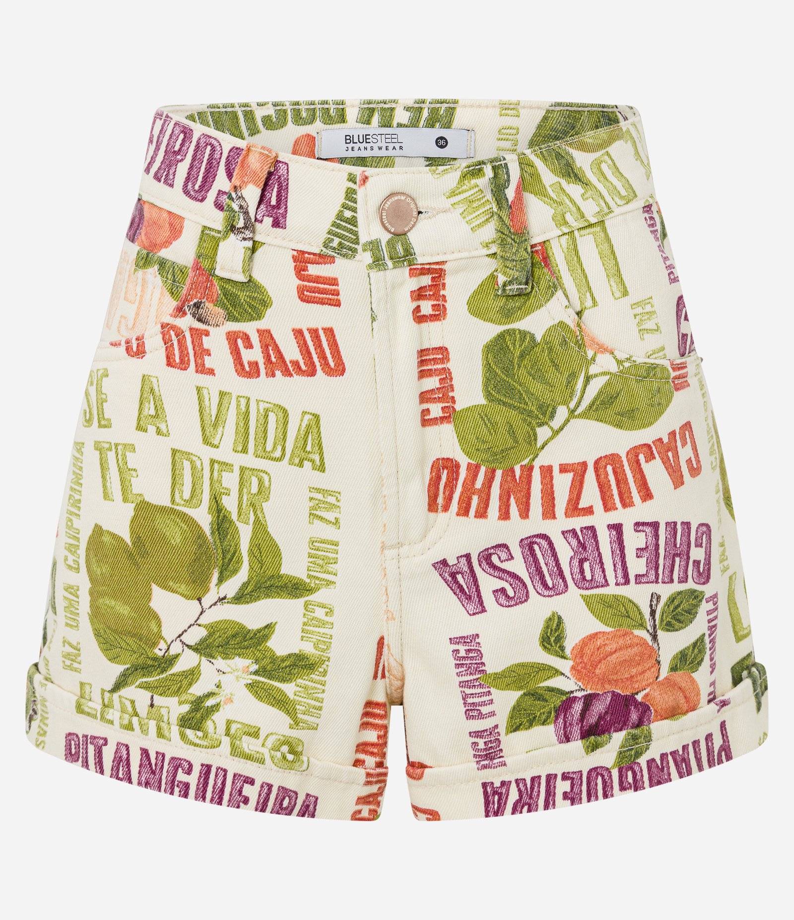 Short Baggy em Jeans Floral com Frutinhas e Pregas Bege 5