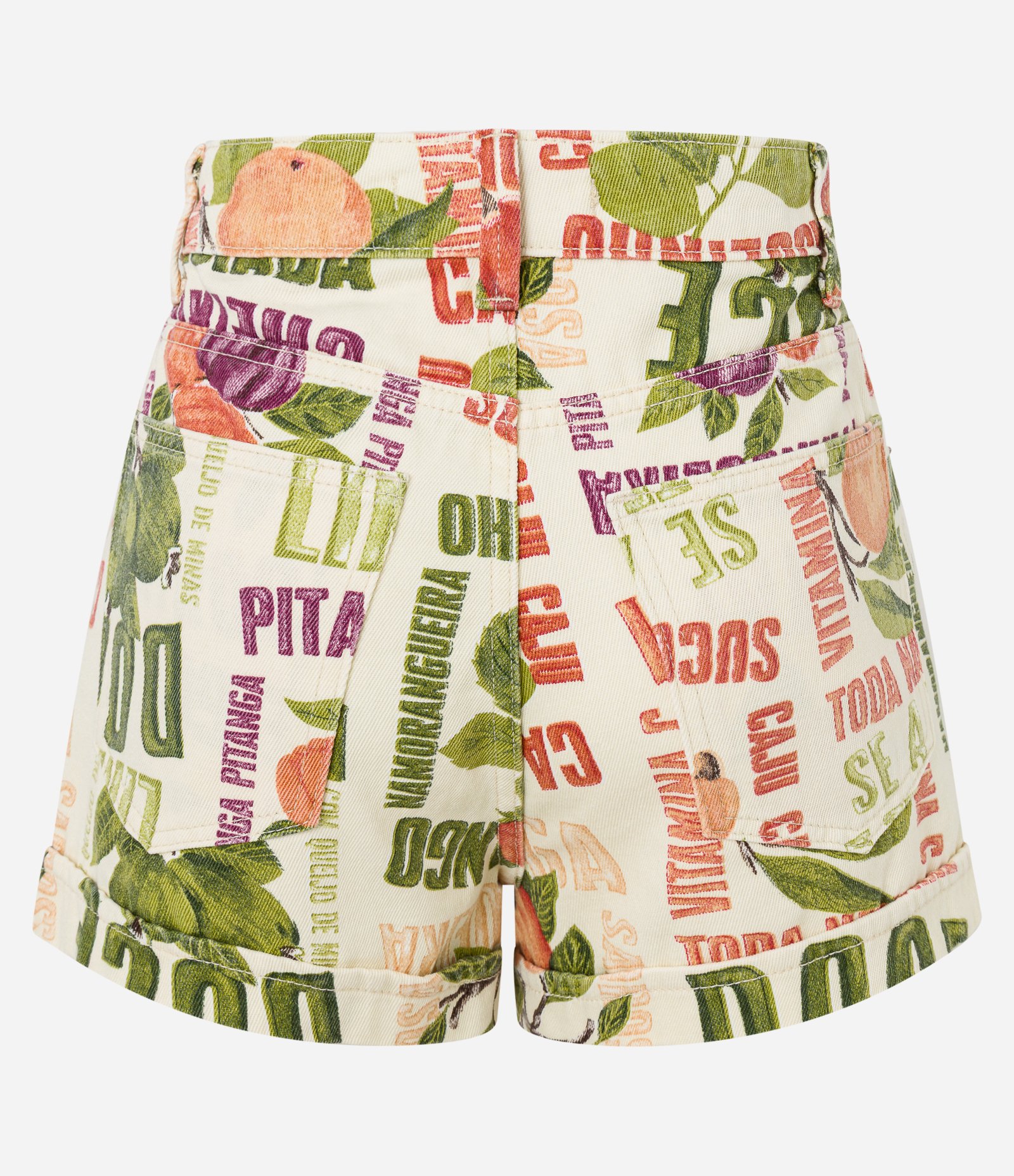 Short Baggy em Jeans Floral com Frutinhas e Pregas Bege 6