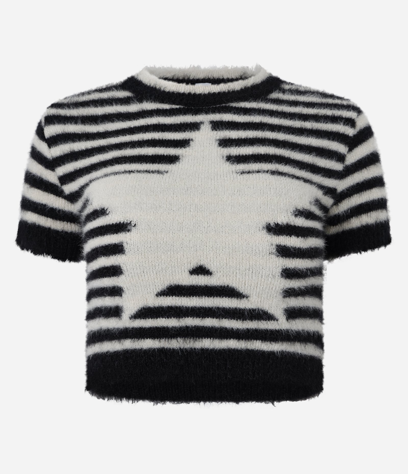 Blusa Cropped em Tricô Listrado com Estrela Frontal Preto 7