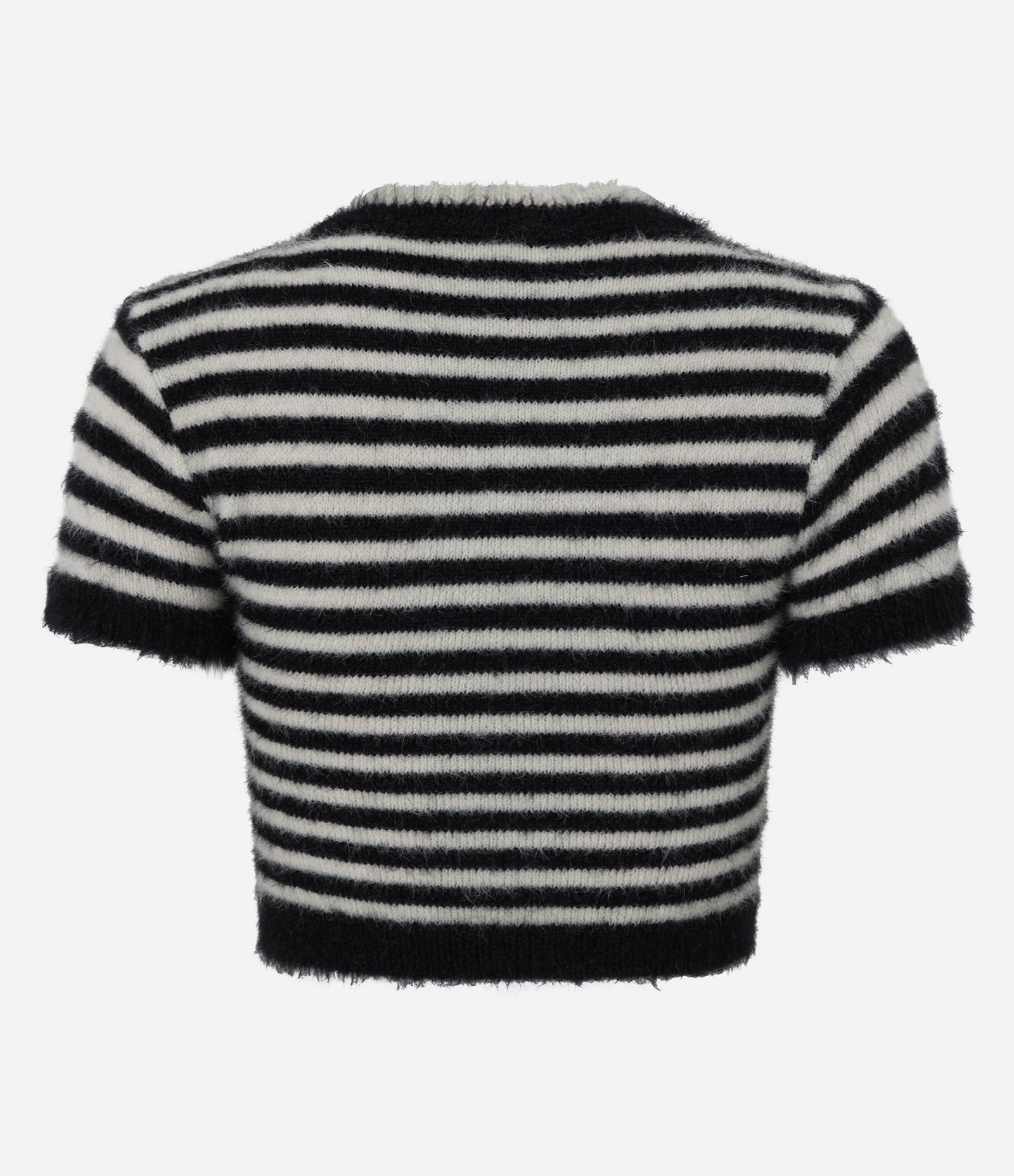 Blusa Cropped em Tricô Listrado com Estrela Frontal Preto 9