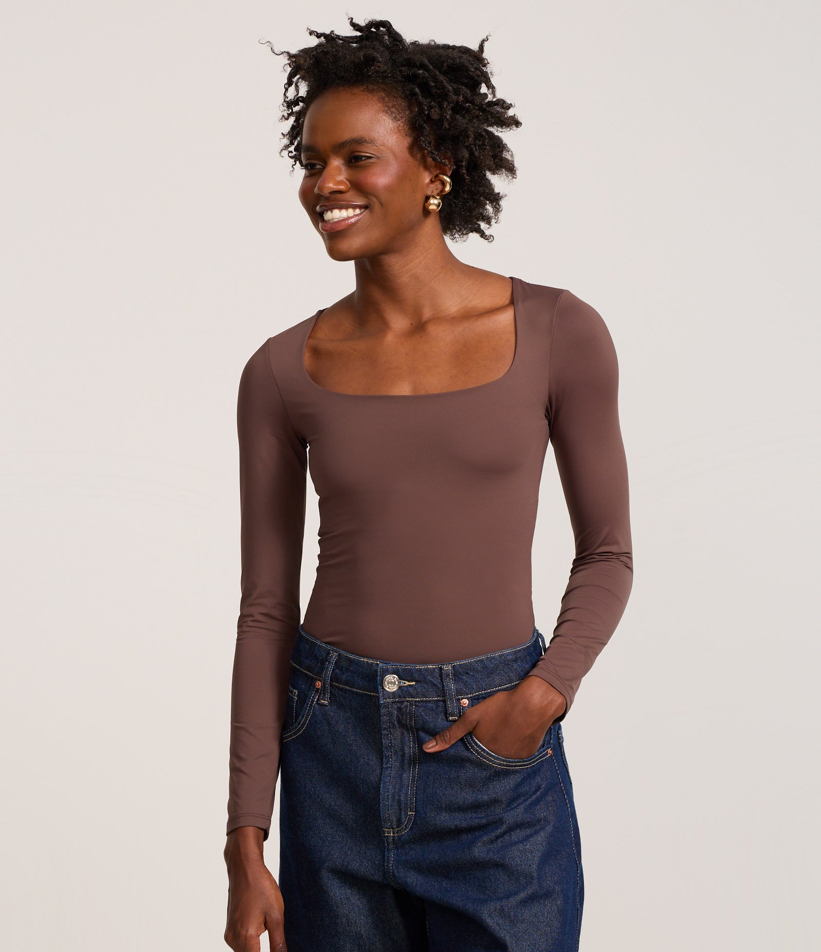 Body em Microfibra com Decote Quadrado Marrom 1