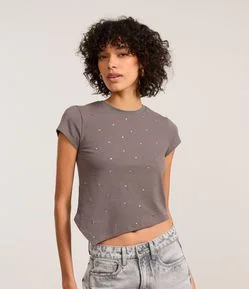 Blusa em Algodão com Brilhos Aplicados e Barra Assimétrica