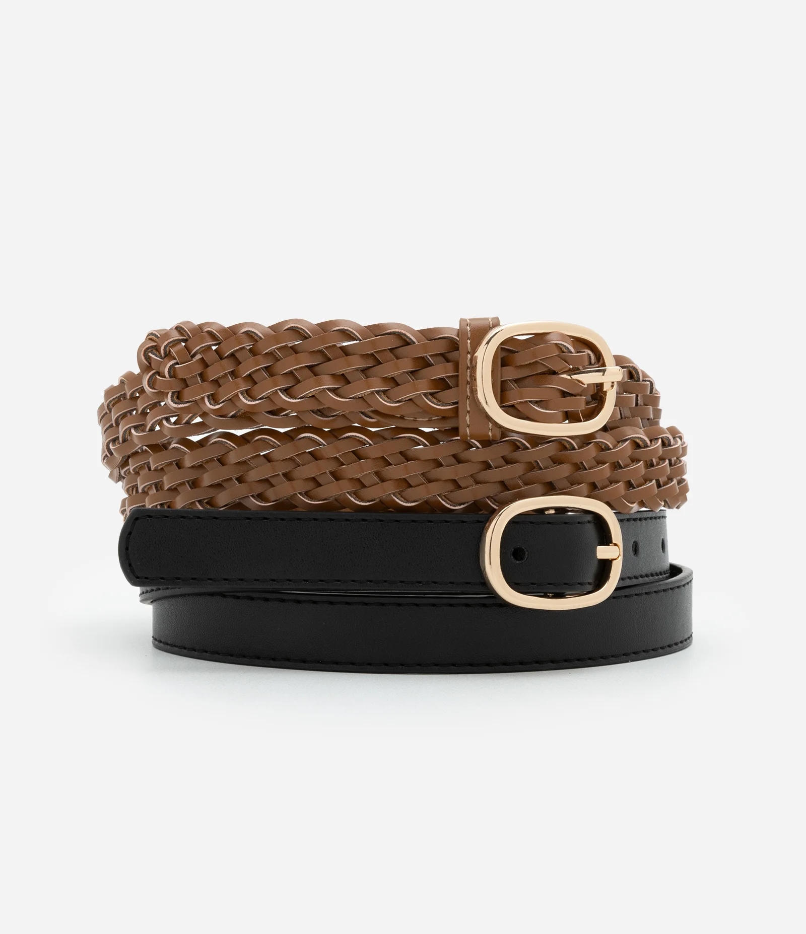 Kit 02 Cintos com Efeito Trançado Tressê e Fivela em Metal Marrom/Preto 1