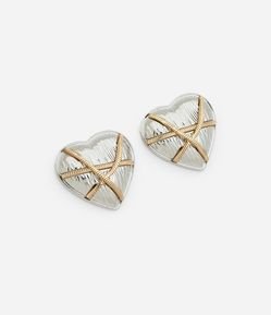 Brinco Botão Coração com Correntes Contrastante Bicolor