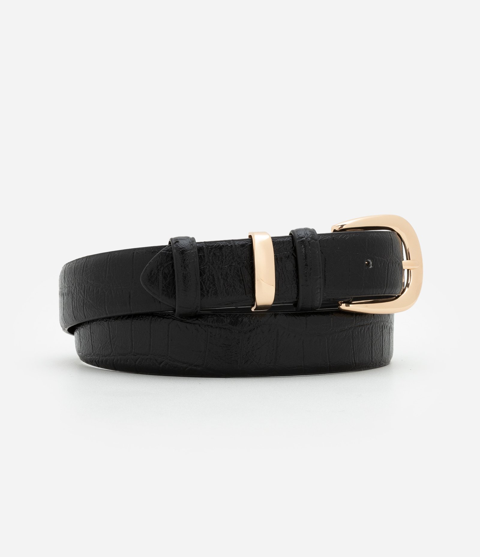 Cinto Médio com Textura Croco e Fivela e Passante Metálicos Preto 1