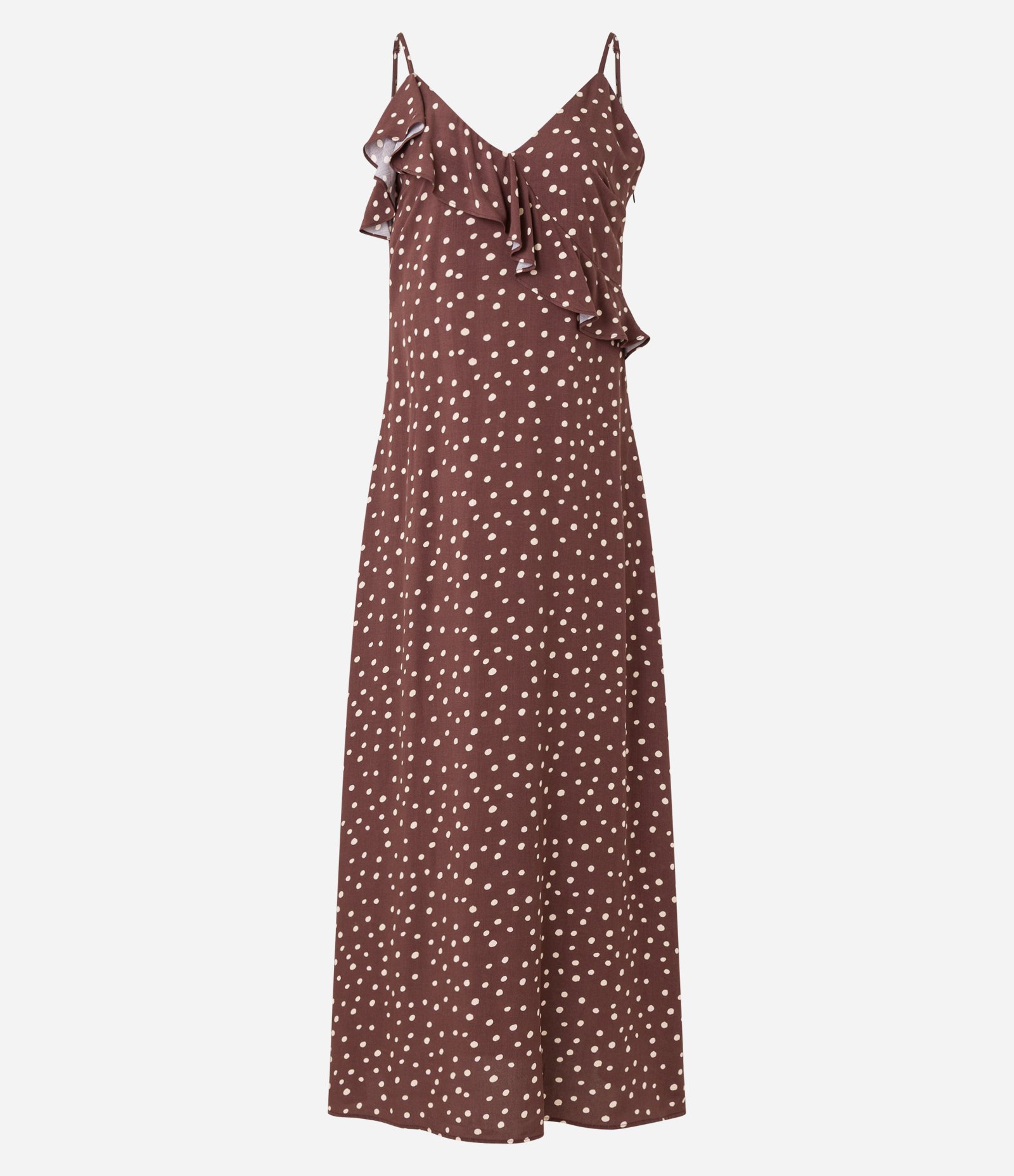Vestido Reto Longo em Viscose Poá com Babado Marrom 1
