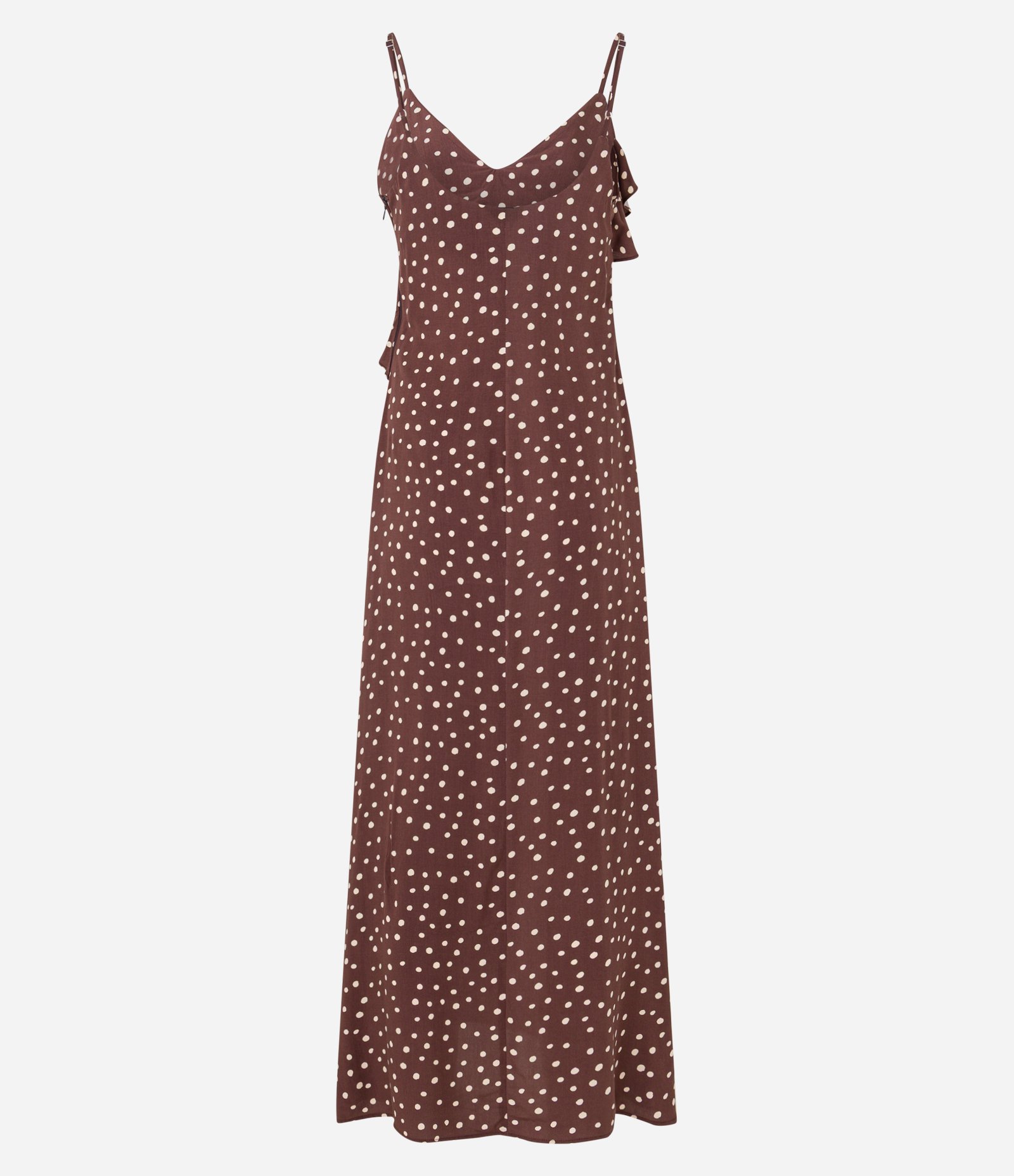 Vestido Reto Longo em Viscose Poá com Babado Marrom 2