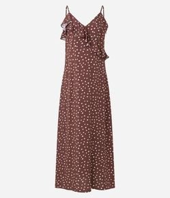 Vestido Reto Longo em Viscose Poá com Babado