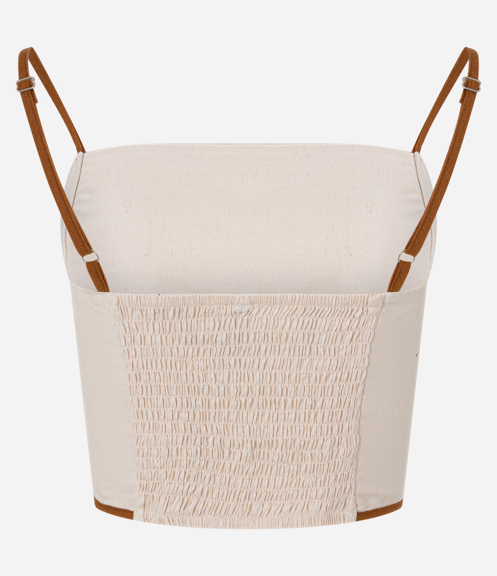 Blusa Cropped em Viscolinho com Lastex e Detalhe Contrastante Bege 7