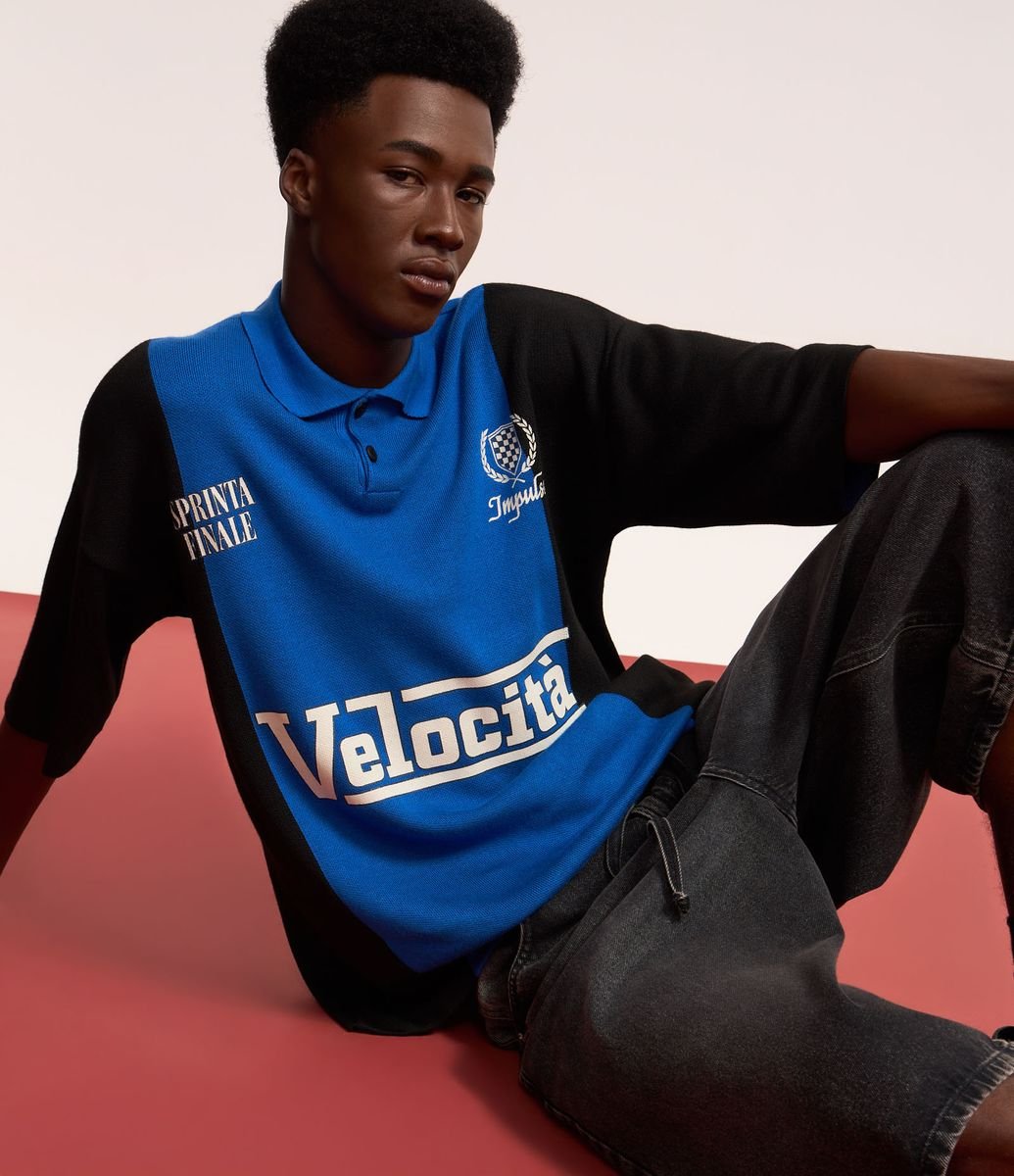 Camiseta Boxy Esportiva em Tricô com Estampa Velocita Azul