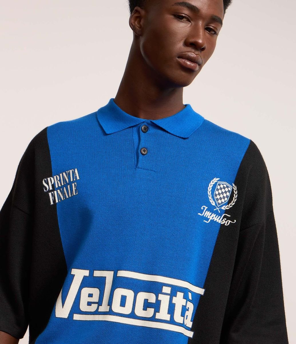 Camiseta Boxy Esportiva em Tricô com Estampa Velocita Azul