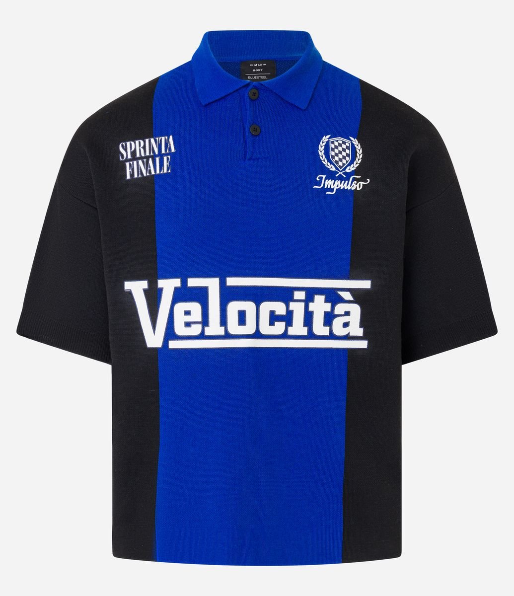 Camiseta Boxy Esportiva em Tricô com Estampa Velocita Azul