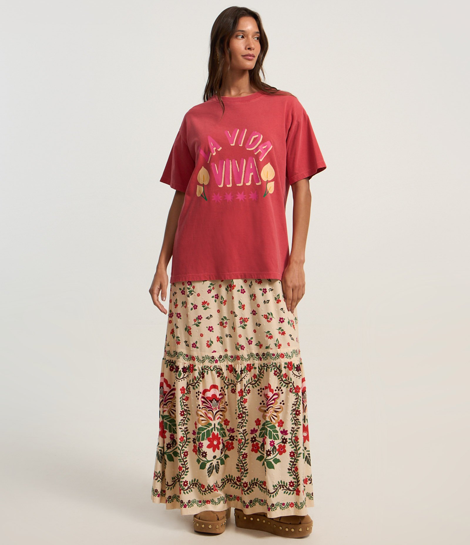 Camiseta em Algodão Estampa La Vida Viva Vermelho Alaranjado 3