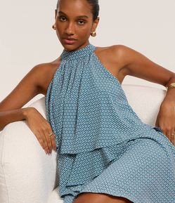 Vestido Evasê em Chiffon com Camadas e Estampa Geométrica