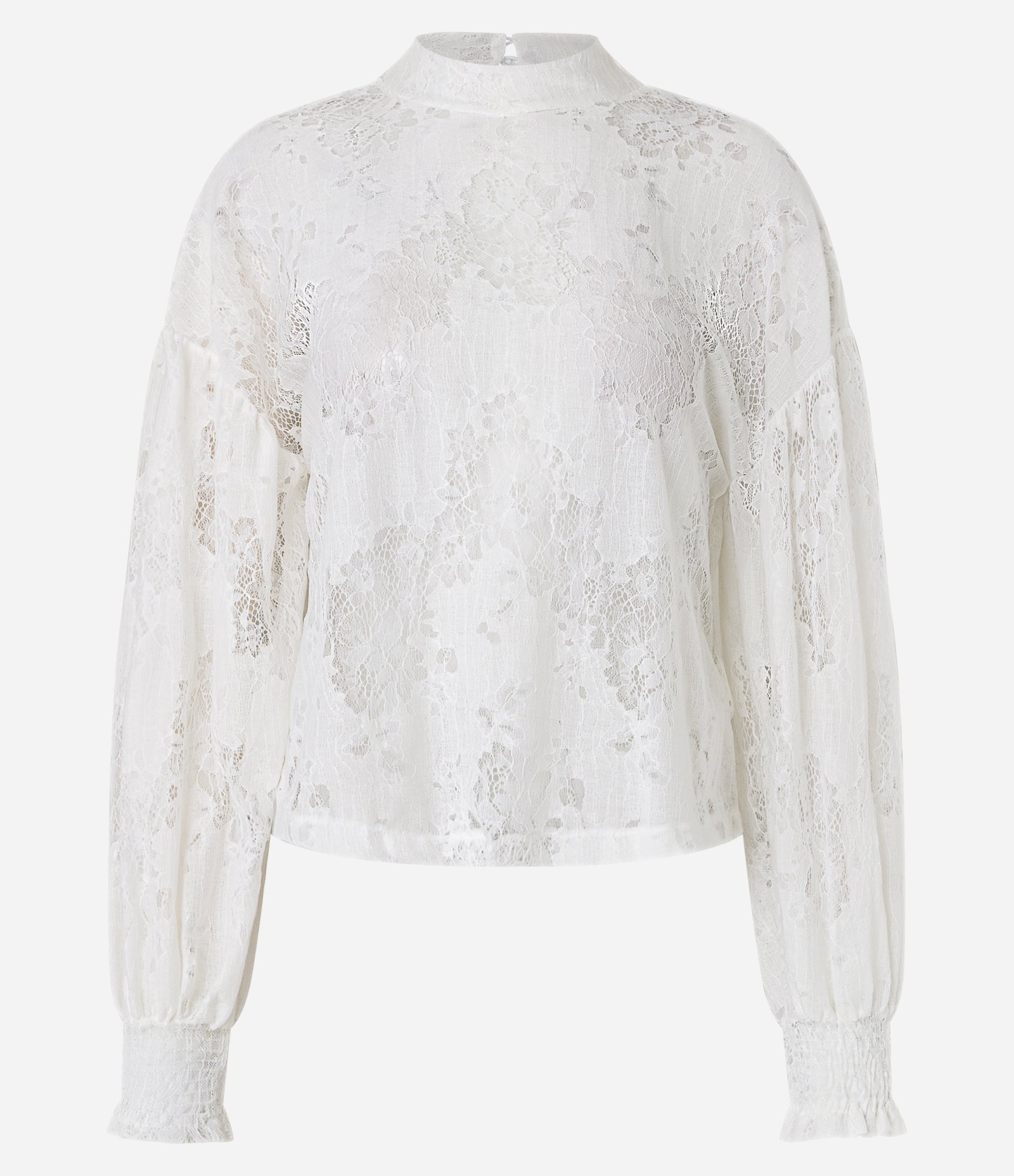 Blusa em Renda Floral com Cava Deslocada e Babado no Punho Branco Neve 7