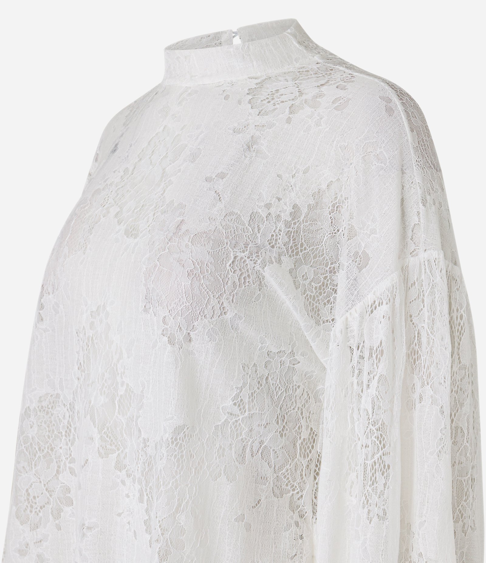 Blusa em Renda Floral com Cava Deslocada e Babado no Punho Branco Neve 8