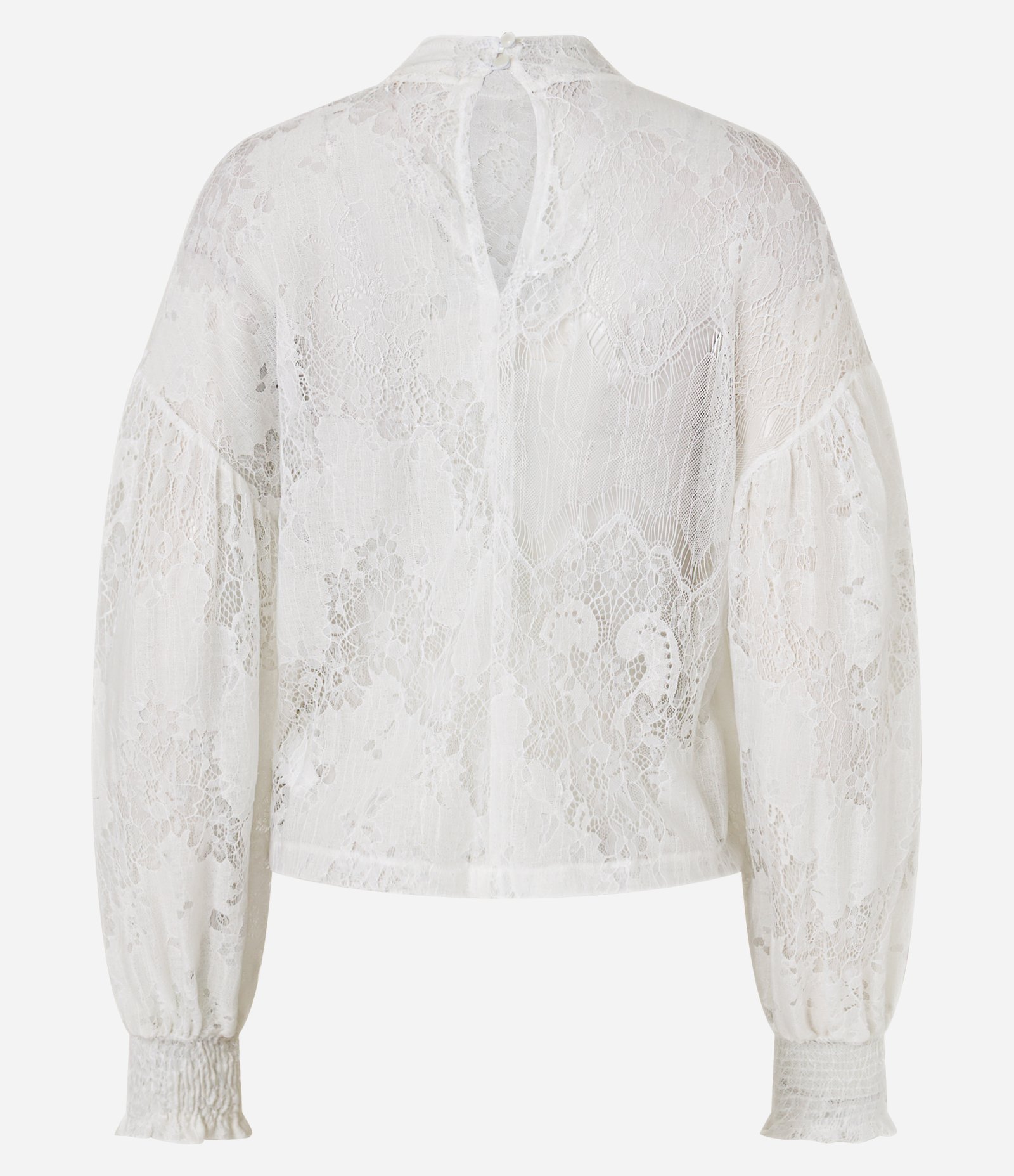 Blusa em Renda Floral com Cava Deslocada e Babado no Punho Branco Neve 9