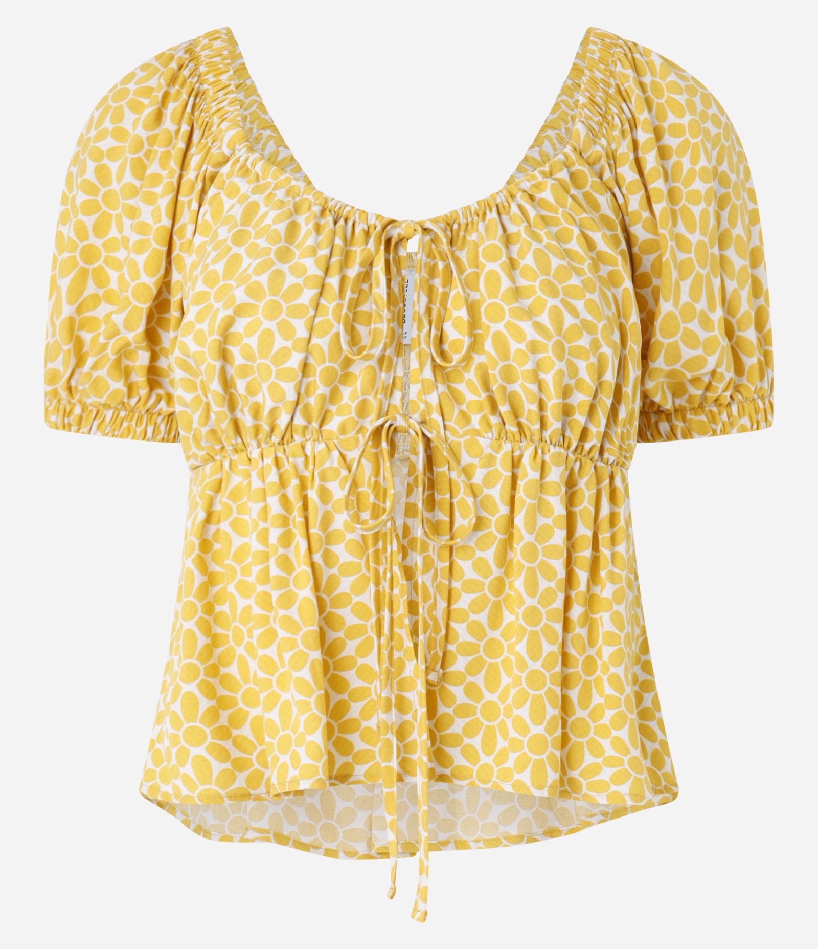 Blusa em Viscose com Amarração e Estampa de Florzinhas Amarelo 6