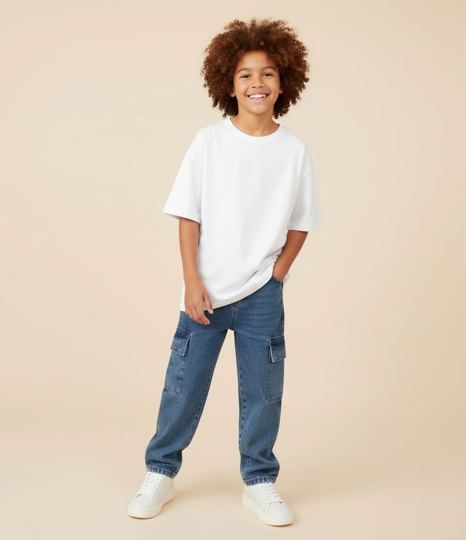 Calça Baggy Infantil em Jeans com Bolsos Cargo - Tam 5 a 14 Anos Azul 1
