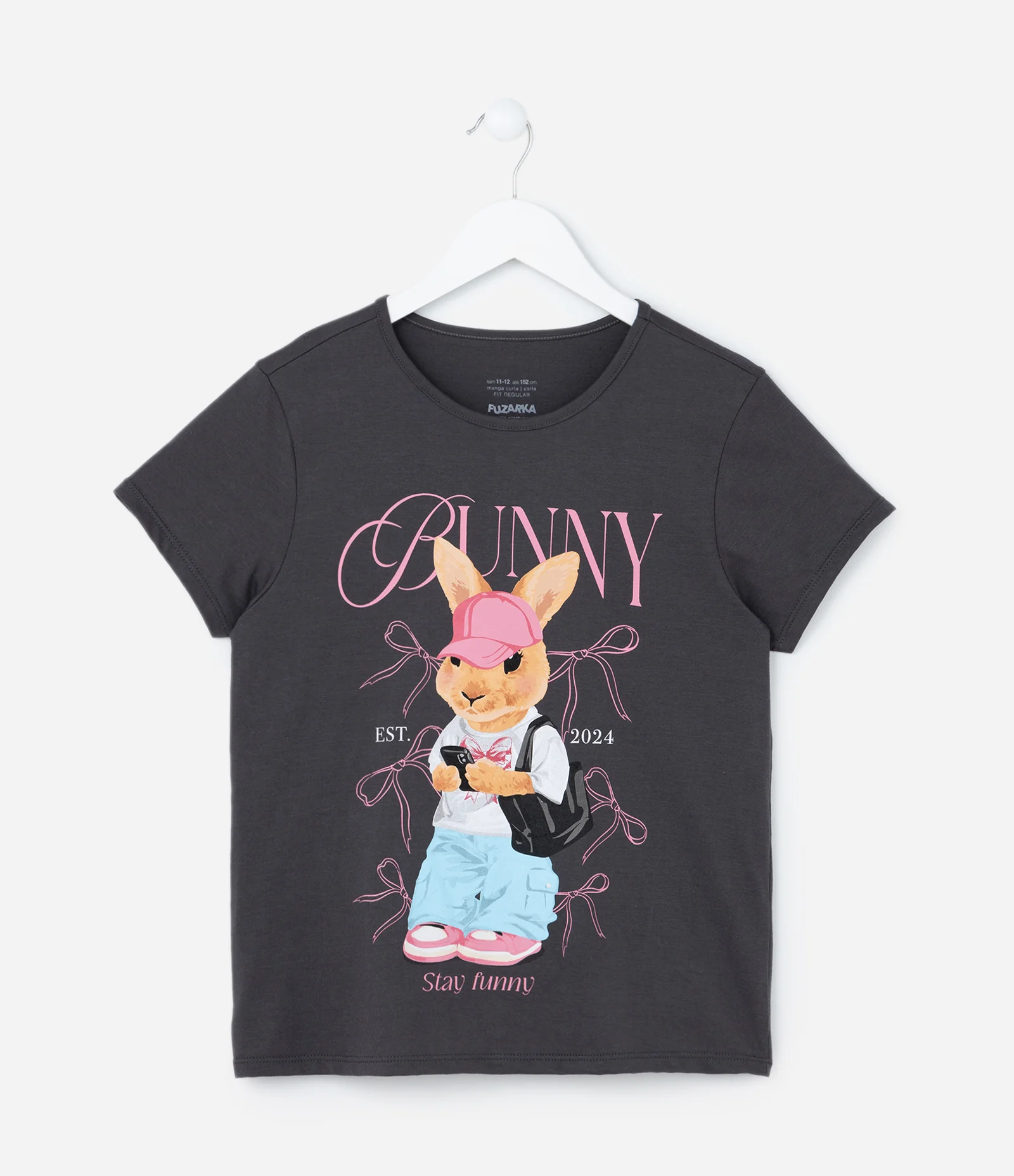 Camiseta Infantil com Estampa de Coelhinha Estilosa - Tam 5 a 14 anos Cinza 1