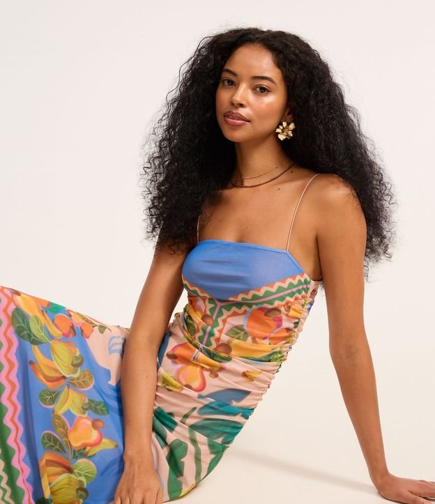 Vestido Long Midi em Tule com Estampa Tropical