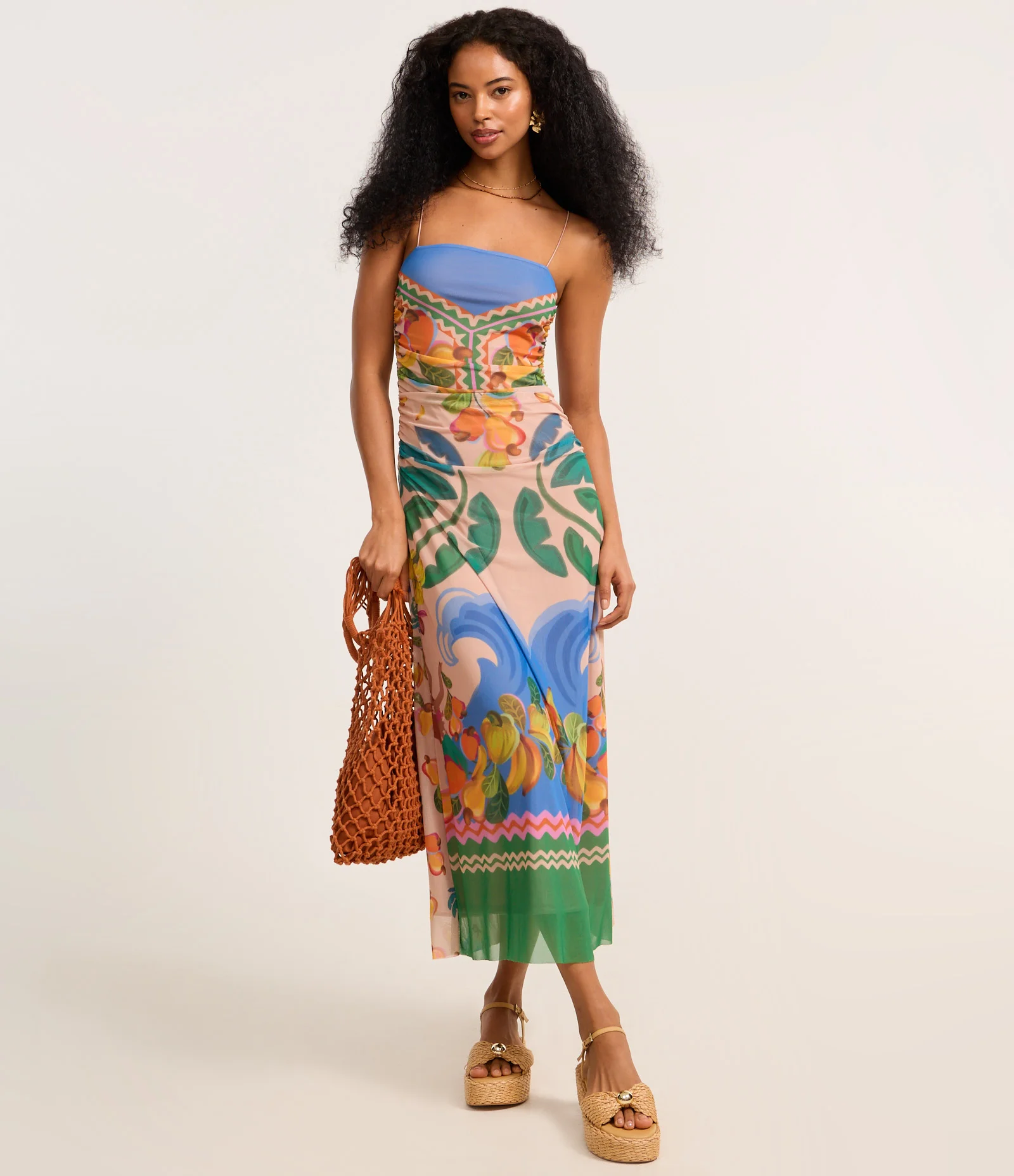 Vestido Long Midi em Tule com Estampa Tropical Multicores 2