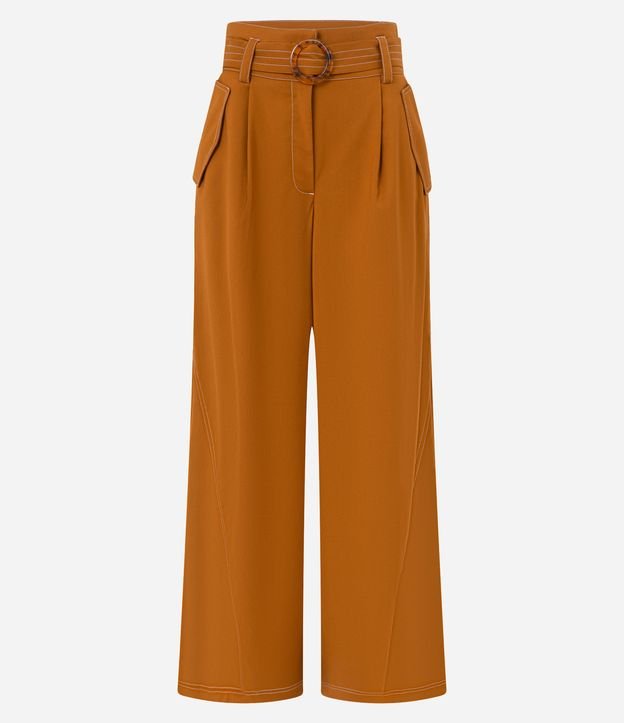 Calça Pantalona em Sarja com Pespontos Contrastantes Cinto e Fivela