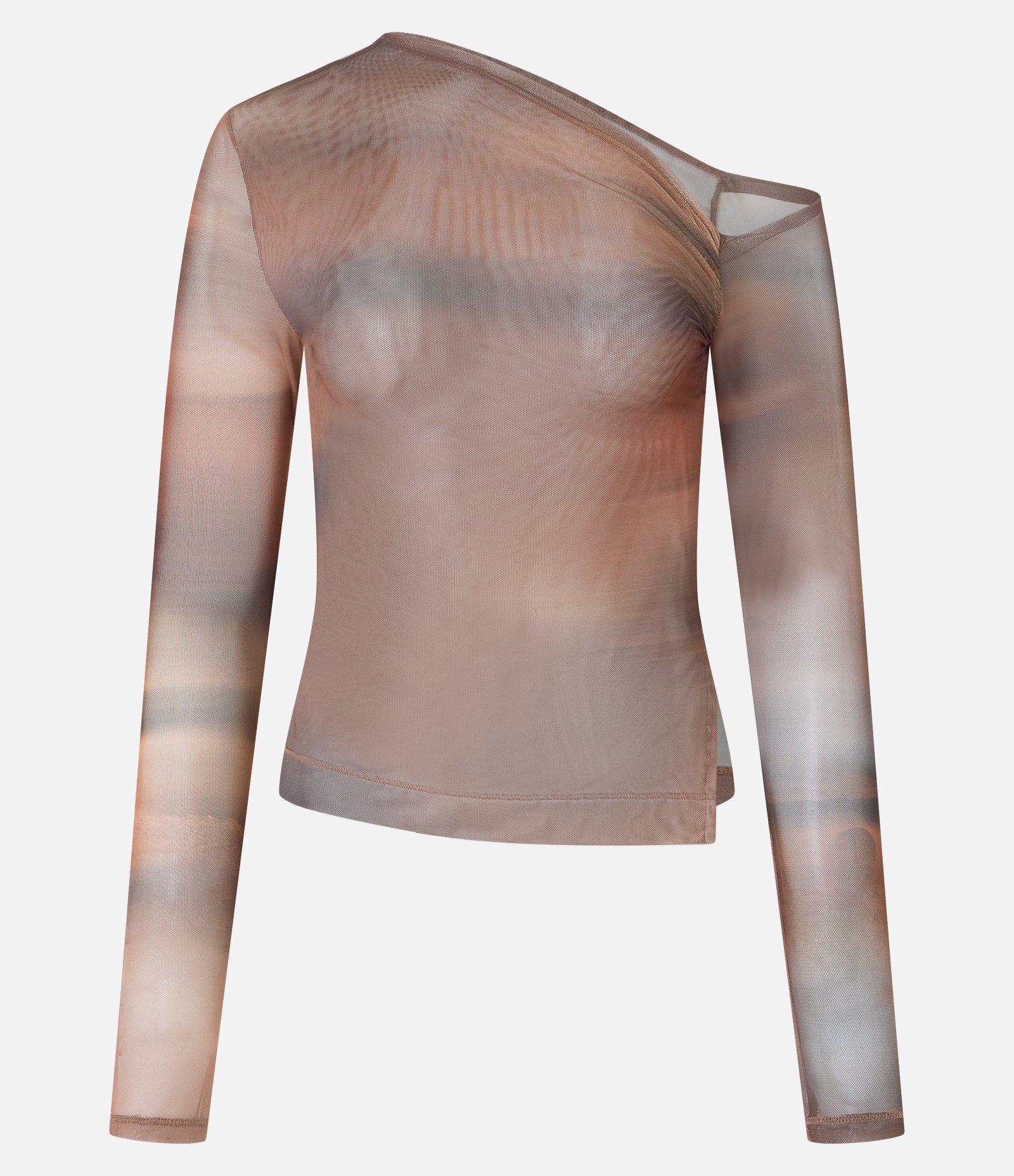 Blusa em Tule com Gola Assimétrica e Estampa Manchada Marrom 4