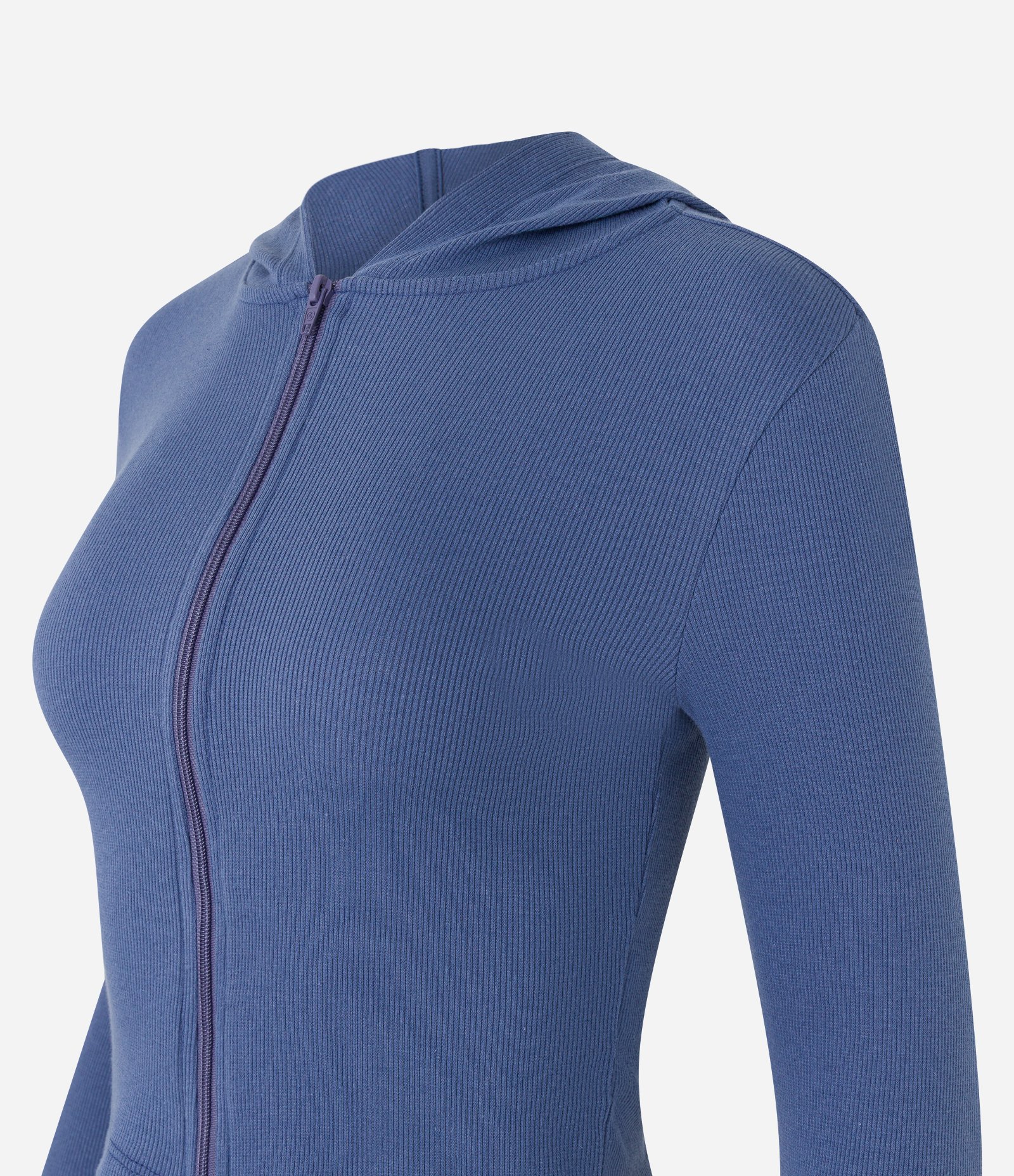 Casaco em Ribana com Capuz e Zíper Azul 6