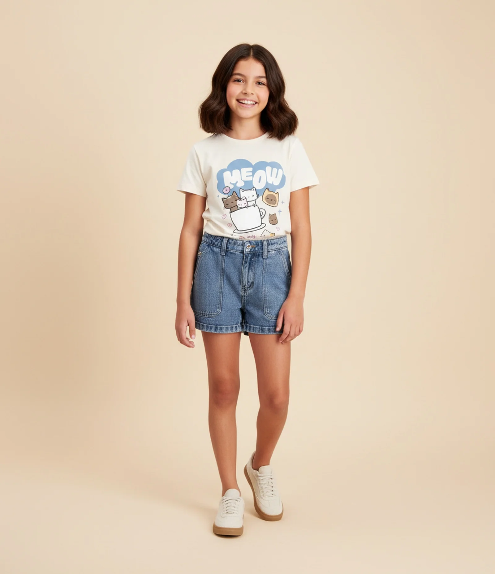 Camiseta Infantil com Estampa Gatinhos na Xícara - Tam 5 a 14 Anos Off White 1