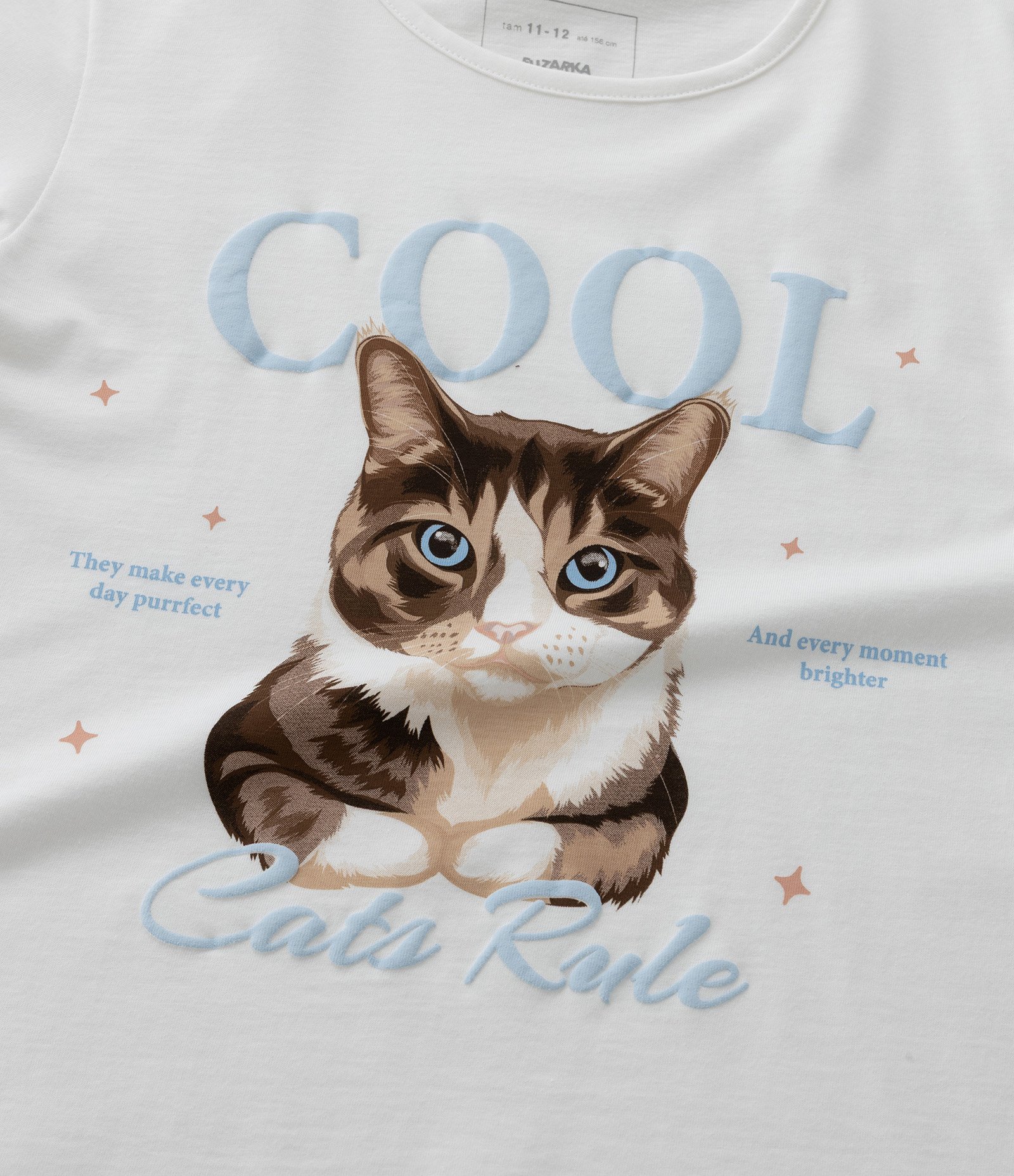 Camiseta Infantil com Estampa Gatinho - Tam 5 a 14 Anos Branco 4